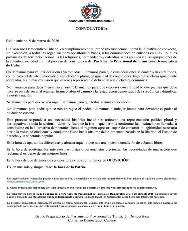 Consenso Democrático Cubano convoca a conformar Parlamento Provisional de Transición Democrática
