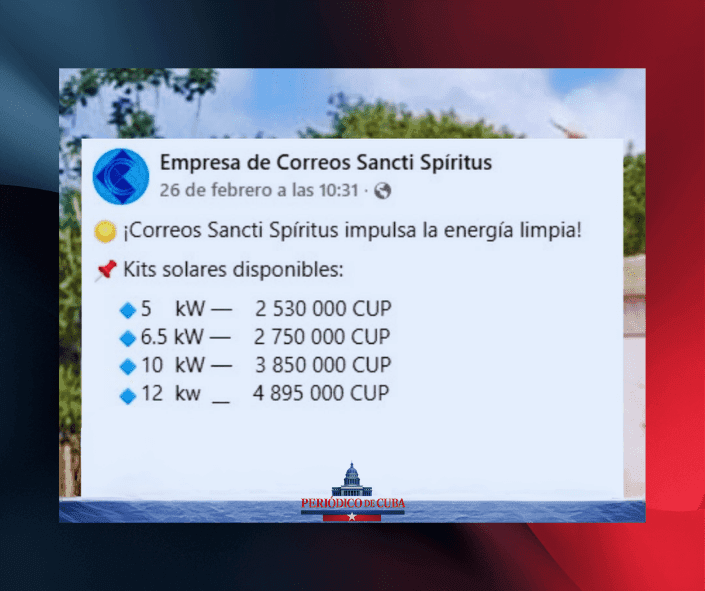 Correos de Cuba vende kits solares por hasta 5 millones de pesos y provoca indignación en Sancti Spíritus