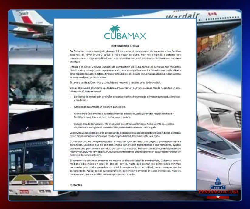 Cubamax limita envíos a Cuba por la crisis de combustible y advierte demoras en sus servicios