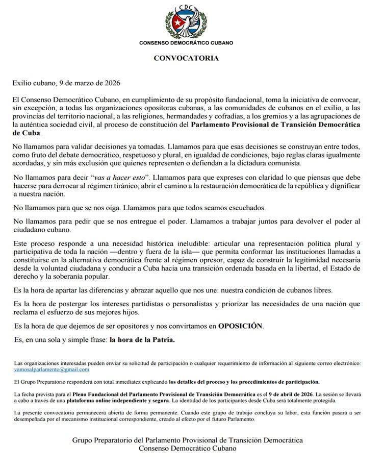 Consenso Democrático Cubano convoca a conformar Parlamento Provisional de Transición Democrática