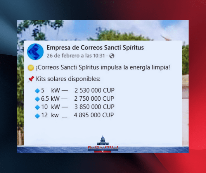 Correos de Cuba vende kits solares por hasta 5 millones de pesos y provoca indignación en Sancti Spíritus
