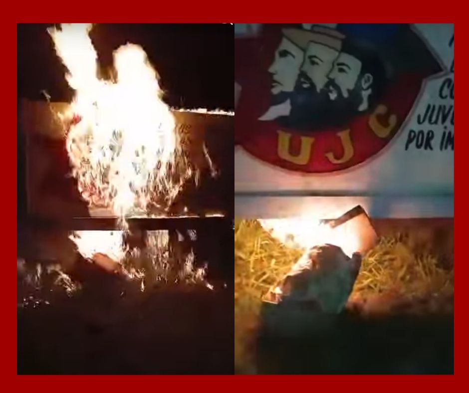 Clandestinos incendian cartel de la UJC en Güira de Melena como desafío simbólico al régimen
